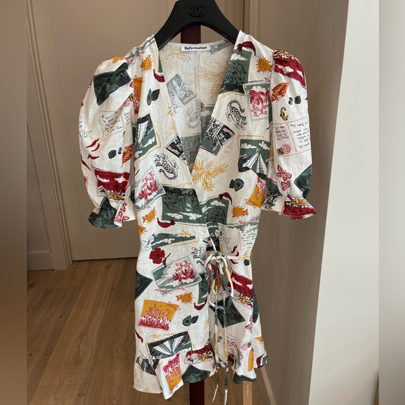 Reformation Carmelo Linen Wrap Mini Dress in Vacaciones Size XS - Picture 2 of 13